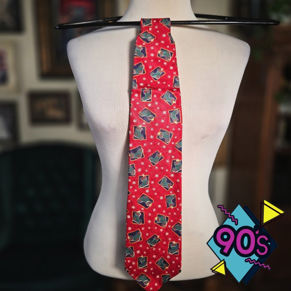 Structure Christmas Tie Vintage 90s Red Silk Stocking Snowflake Holiday Mens USA